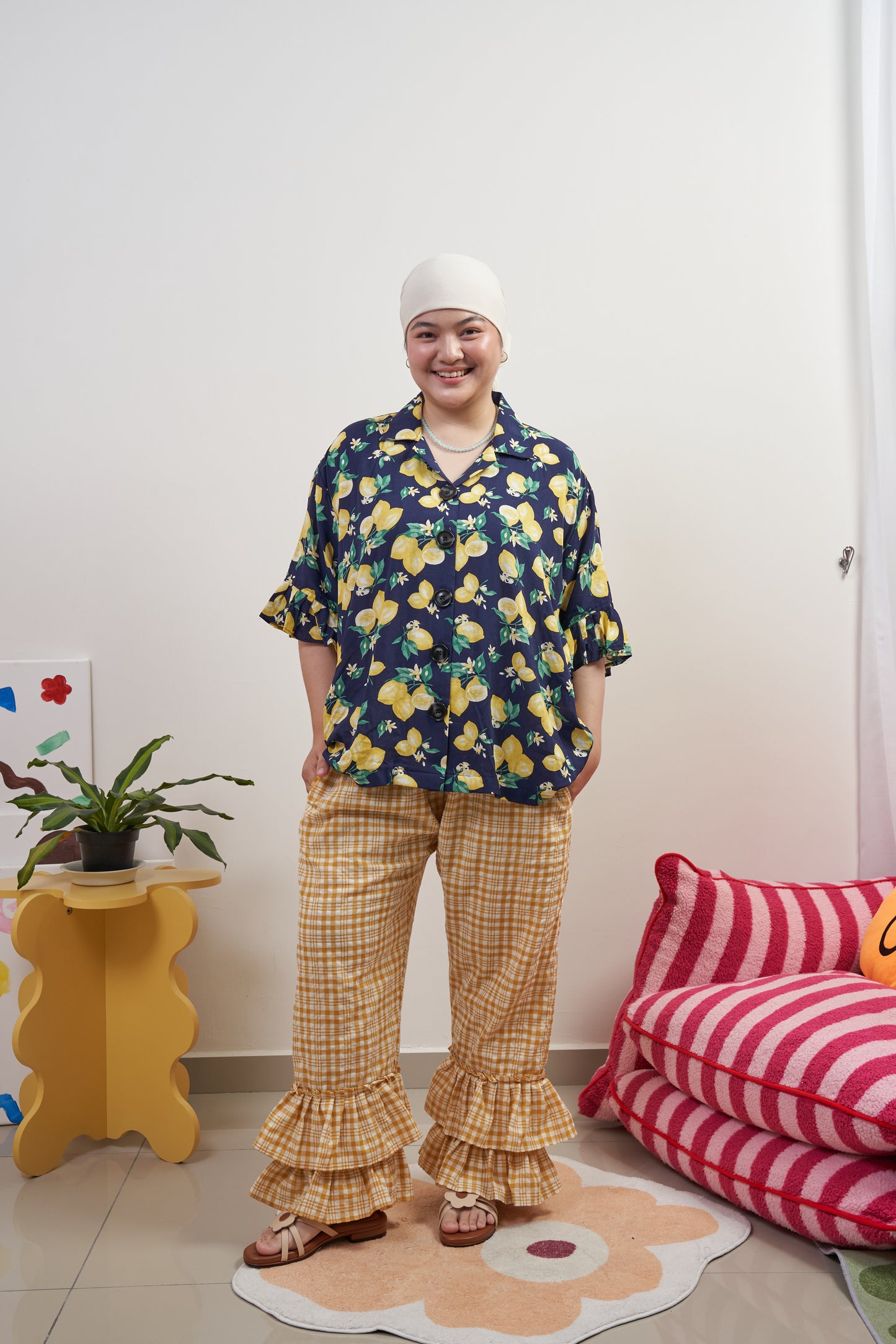 Full-body front view of Buttoned Belle Blouse in Lemon Dream, paired with Flutter Flair Pants in Lemonade for a coordinated styling look